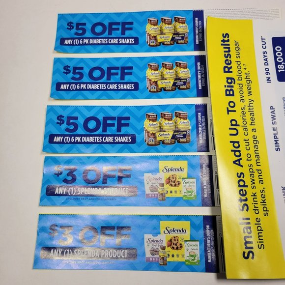 Lot of 5 Splenda Manufacture Coupons EXP 06-2024 $3 OFF Any One / $5 OFF Shakes - Picture 1 of 5